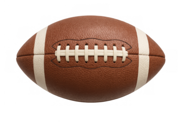 Brown american football with white laces and stripes, isolated on a transparent background, ready for play