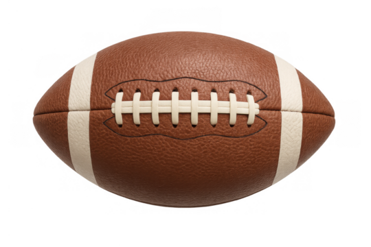 Brown american football with white laces and stripes, isolated on a transparent background, ready for play