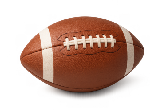 American football ball with laces and white stripes, representing sport, competition, and teamwork on transparent background