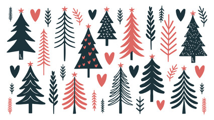 Scandinavian Christmas tree pattern with red hearts and pine branches in modern minimalist festive design for holiday wrapping and decoration