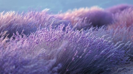 Obraz premium Beautiful Lavender Field in Bloom with Soft Purple Hues and Breeze