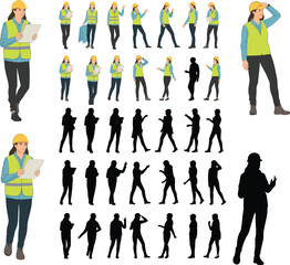 Construction worker illustration, safety gear, hard hat, safety vest, silhouette poses, engineering character, industrial site, occupational safety, vector design, editable