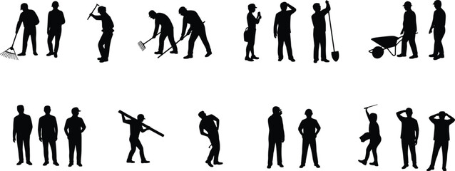 Construction workers, labor silhouettes, manual tasks, industrial workforce, occupational postures, ergonomic study, job site activity, human motion, work safety, infrastructure