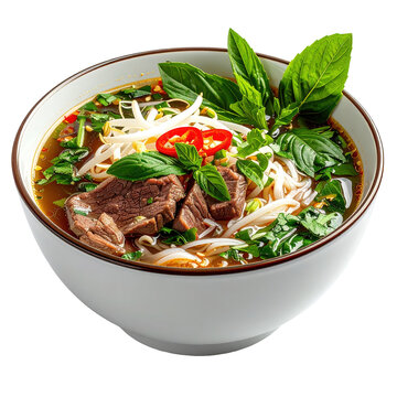 Delicious bowl of Vietnamese pho, featuring beef, noodles, and fresh herbs, clipart, isolated on a transparent background.