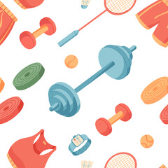 Flat seamless pattern with workout equipment. Includes gym tools such as dumbbells, barbells, and rackets for fitness and exercise. Modern colorful texture, perfect for fabric, decor, or wallpaper