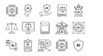 Collection of black and white line art icons representing artificial intelligence and law, including scales of justice, robots, shields, and legal documents