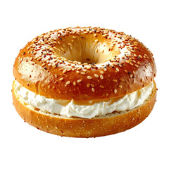 A freshly baked sesame bagel, split and filled generously with cream cheese, clipart, isolated on a transparent background.
