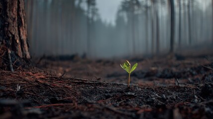 New Life Sprouts from Ashes in Misty Forest Landscape