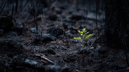 Fototapeta premium New Growth Emerges in Charred Forest After Wildfire Devastation
