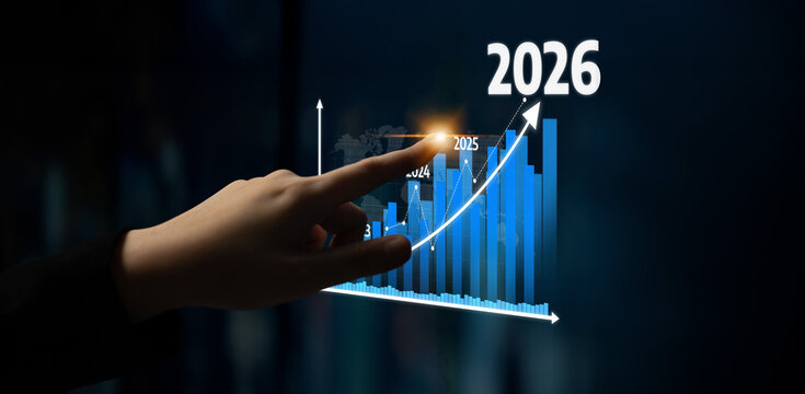 A hand reaches out to interact with a digital growth chart, highlighting years 2025 and 2026, symbolizing business success and market growth trends in finance. Tessel - Powered by Adobe