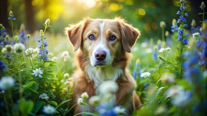 Golden dog amidst a vibrant meadow of wildflowers, bathed in the warm glow of sunlight