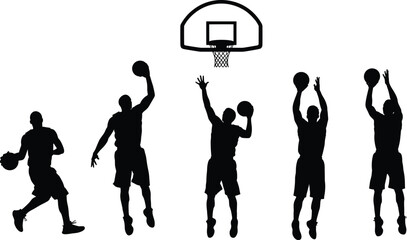 Basketball player silhouette vector set showing dribble, jump shot, hoop action, shooting motion, athletic pose, black icon sports sequence