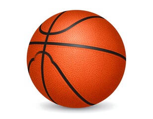 Close-up studio shot of a textured orange basketball against white background