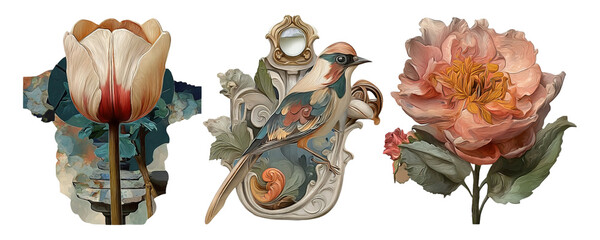 Vintage Floral and Bird Cutout Collage with Retro Style on Transparent Background