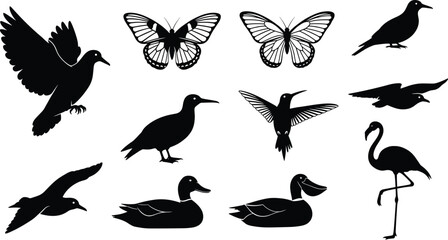 Bird and butterfly silhouette vector set with flying and standing wildlife animals for logo, icon, nature, illustration, design use