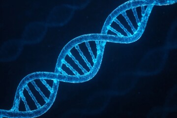 Close-up of a glowing blue DNA double helix on a dark background, illustrating genetic structure.