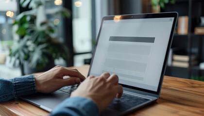 Hands typing job application on sleek laptop in modern office with soft lighting and focused attention