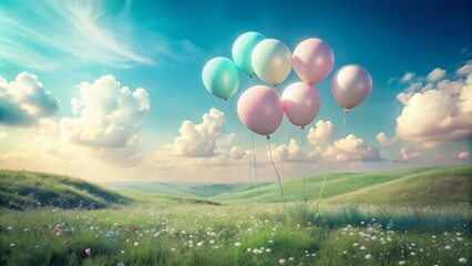 Fototapeta premium Pastel Balloons Drifting Over a Serene Rolling Meadow Landscape Under a Bright Sunny Sky