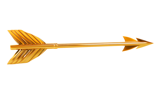 A detailed golden arrow with fletching and a sharp point isolated on transparent background