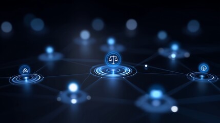 Augmented reality visualization of an advanced AI governance system with holographic icons symbolizing ethics, law, data compliance, and digital accountability, representing futuristic transparency 