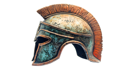 Ancient greek spartan warrior helmet with distinctive crest and weathered metal texture isolated on transparent background