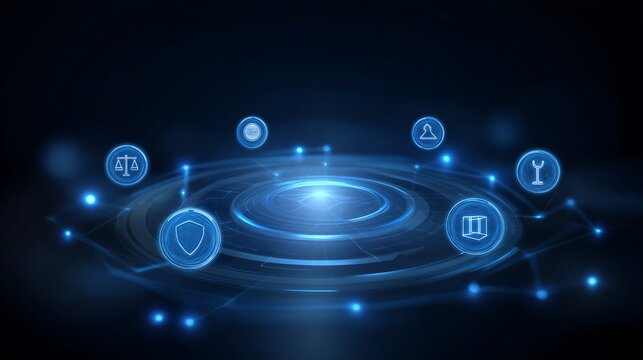 Augmented reality visualization of an advanced AI governance system with holographic icons symbolizing ethics, law, data compliance, and digital accountability, representing futuristic transparency