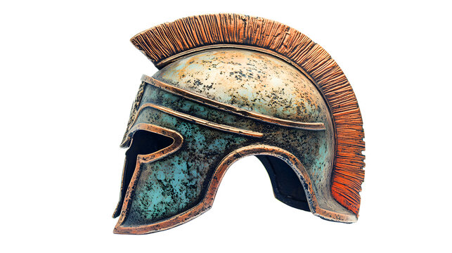 Ancient greek spartan warrior helmet with distinctive crest and weathered metal texture isolated on transparent background