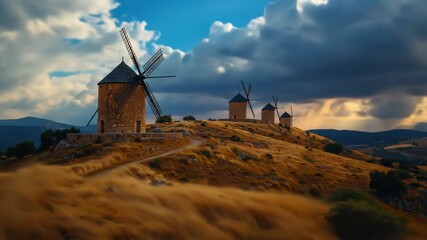 Historic Windmills on Hill at Sunset in Rural Spain