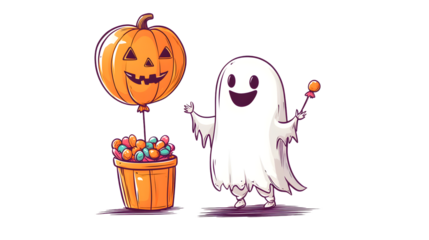 Cute cartoon ghost holding a candy bucket and a pumpkin balloon isolated on transparent background