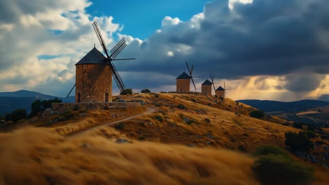 Historic Windmills on Hill at Sunset in Rural Spain