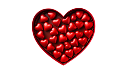 A large red heart shaped box filled with many small red hearts isolated on transparent background