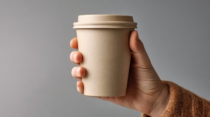 Hand Holding Plain Paper Coffee Cup on Gray Background