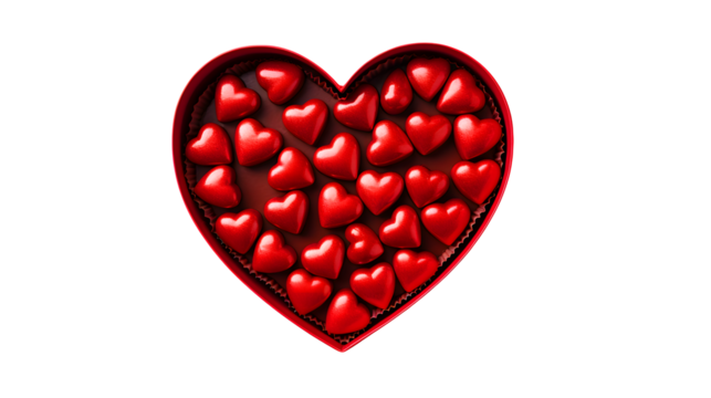 A large red heart shaped box filled with many small red hearts isolated on transparent background