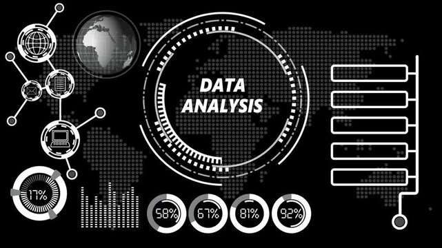 DATA ANALYSIS concept. Financial success concept of virtual screen. Business, technology, internet and networking concept. World map background 4k video