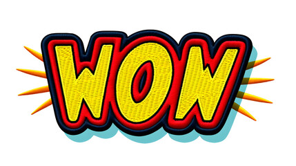 Bright yellow comic book style wow text with red and blue outlines and orange starbursts isolated on transparent background