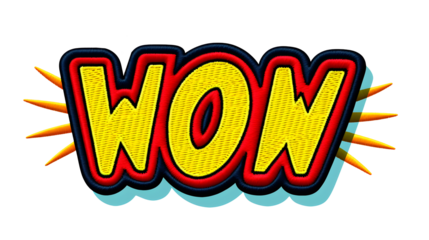 Bright yellow comic book style wow text with red and blue outlines and orange starbursts isolated on transparent background