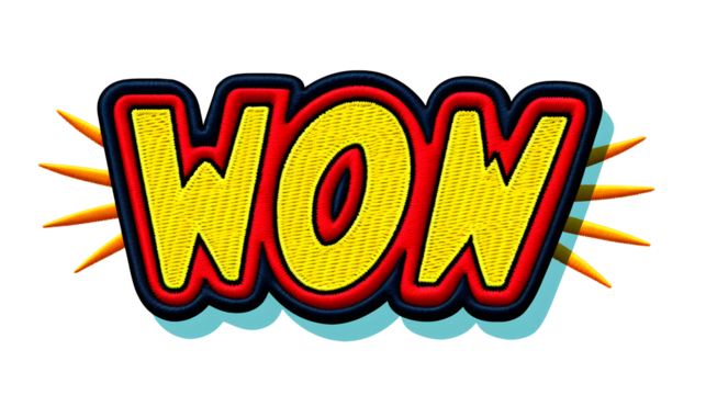 Bright yellow comic book style wow text with red and blue outlines and orange starbursts isolated on transparent background