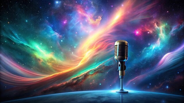 Cosmic Broadcast A Golden Microphone Stands on a Planetary Surface Against a Vibrant Nebula Background