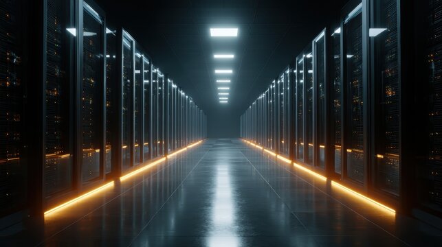 Futuristic Data Center with Server Racks and Glowing Lights - Powered by Adobe