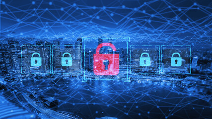 Digital security concept illustrating a cybersecurity breach, with a red unlocked padlock...