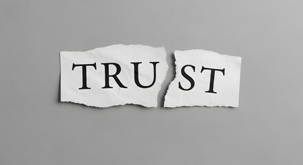 Torn piece of paper with the word 'TRUST' ripped in half, symbolizing broken trust or betrayal on a grey background.
