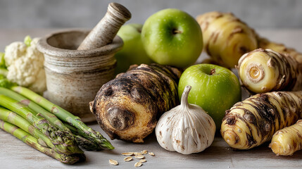 Assortment of fresh vegetables including asparagus, garlic, apples, and root vegetables with a stone mortar and pestle on a wooden surface.