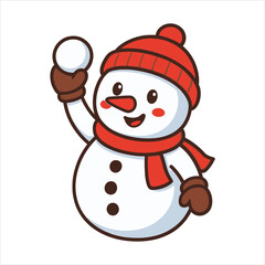 Cheerful Cartoon Snowman with Red Hat and Scarf Ready to Throw Snowball.