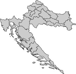 Grey filled vector political map of Croatia (Hrvatska), featuring all 21 administrative counties (županije) with internal borders, and the entire country outline filled with a solid grey color.