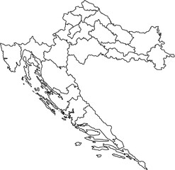 Detailed outline map of Croatia (Hrvatska) with internal administrative borders, featuring the 21 counties (županije) of the country. A clean, vector-based political map 