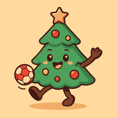 Animated Christmas Tree Character Dribbling a Soccer Ball with Joyful Expression.