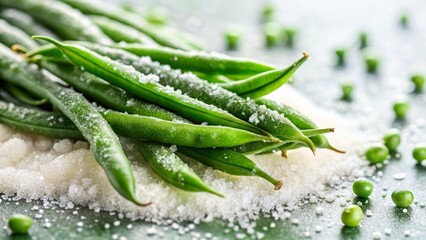 Frozen Green Beans and Peas Resting on a Bed of Ice Crystals
