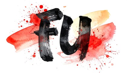 Black Japanese calligraphy with red splatters against a watercolor backdrop