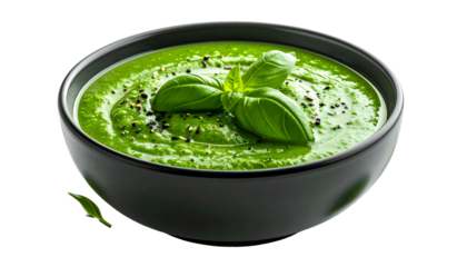 Close-up of vibrant green soup in a black bowl, garnished with basil and black peppercorns