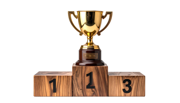 Golden trophy atop a wooden podium with numbers one, two, and three on a black backdrop